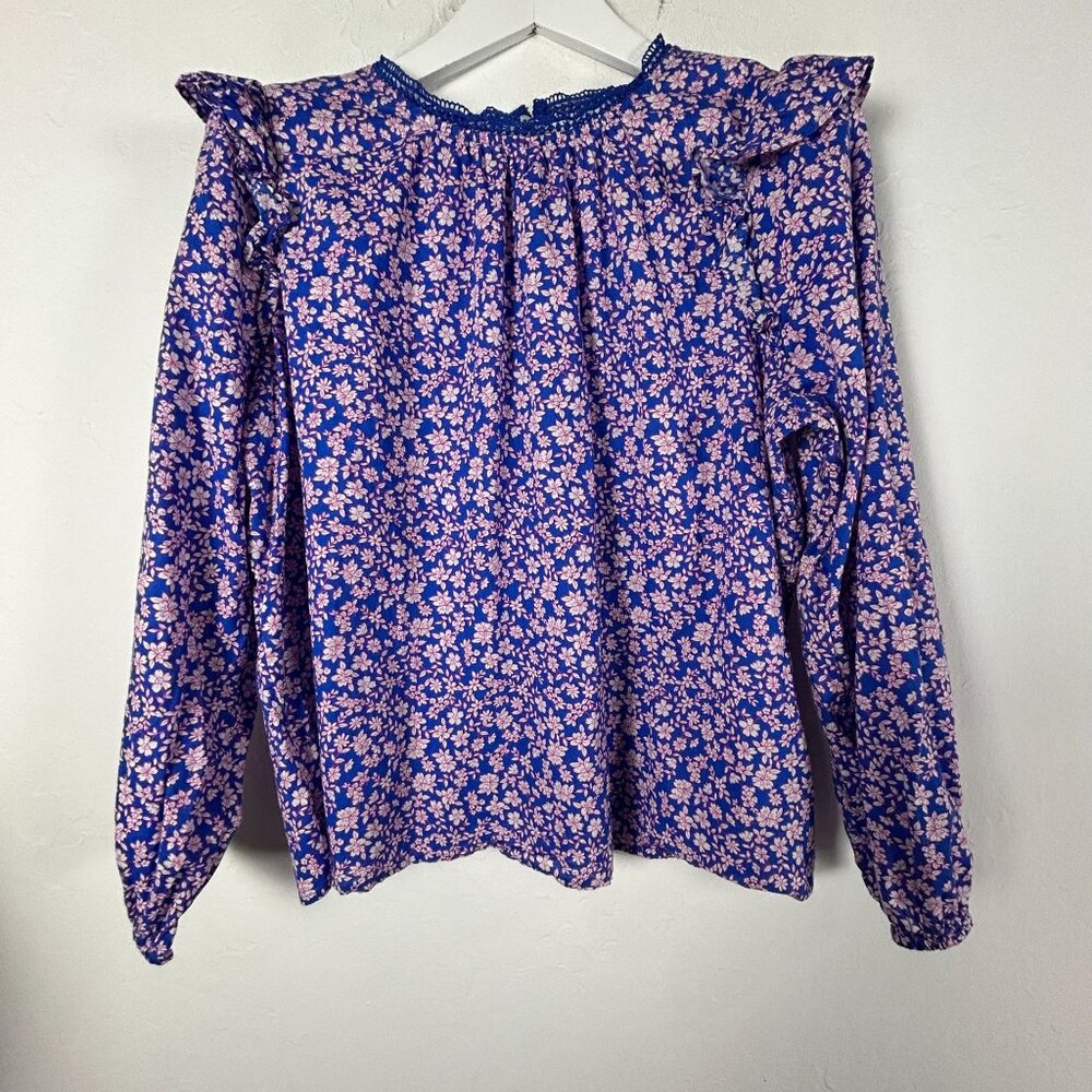 J.Crew Womens Floral Long Sleeve Ruffle Trim Blouse XL Blue Pink Cotton Casual